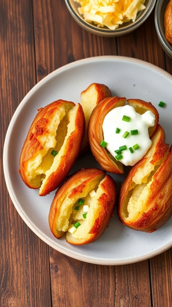 Quick and Easy Air Fryer Baked Potatoes Recipe Air fryer baked potatoes topped with sour cream and chives on a rustic wooden table.